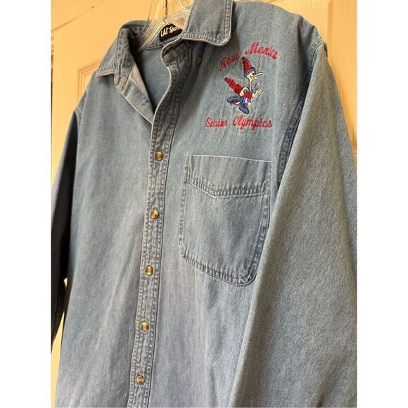 L.A.T Sport women’s M New Mexico Senior Olympics blue denim 100% cotton button u - Picture 4 of 6